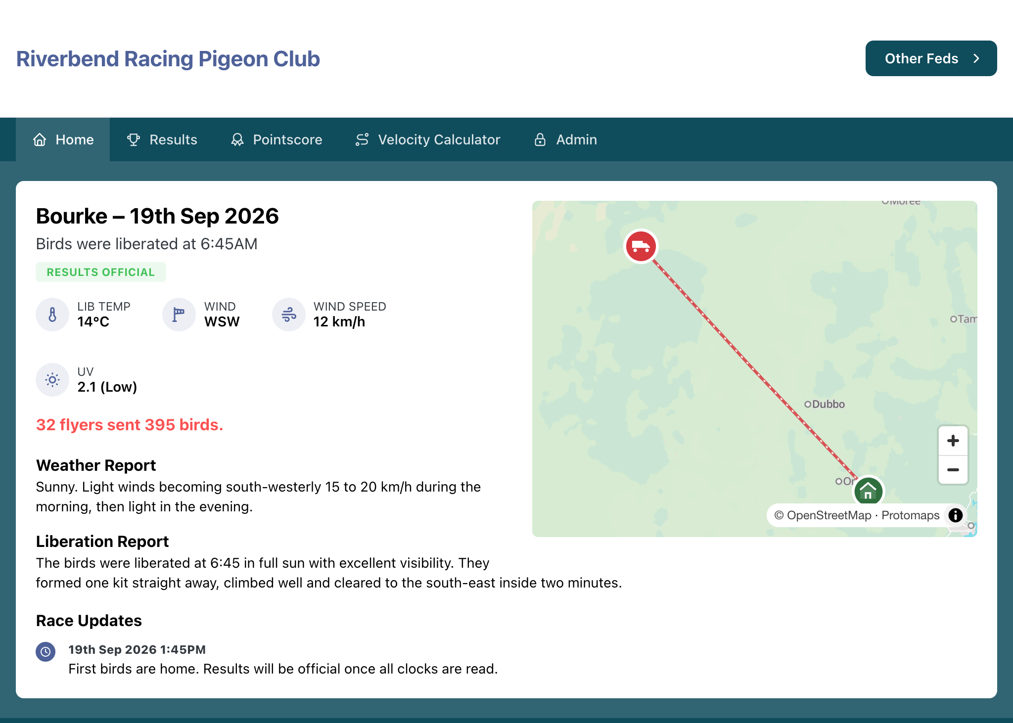 A race report: the liberation point and time, the weather, a map of the flight line, and the liberation report.