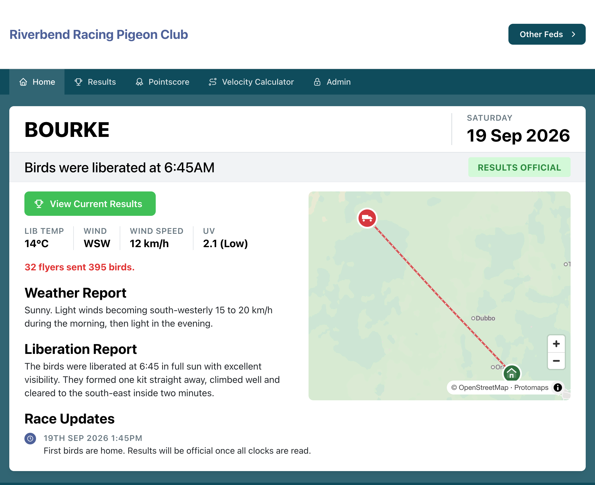 A race report: the liberation point and time, the weather, a map of the flight line, and the liberation report.