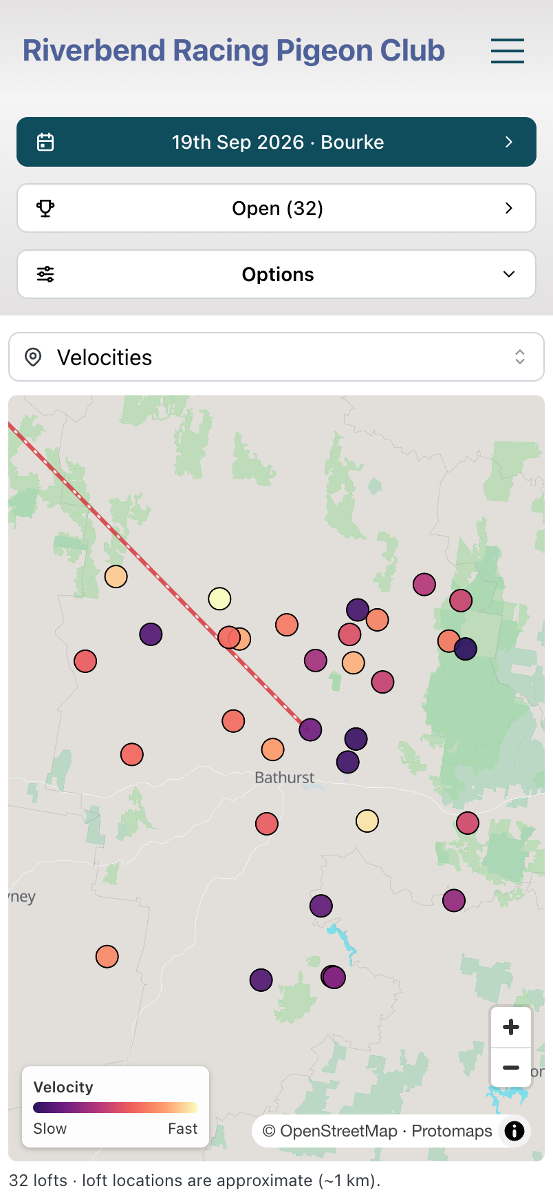A map of every loft in a race, each one coloured from slow to fast by how quickly its bird came home.