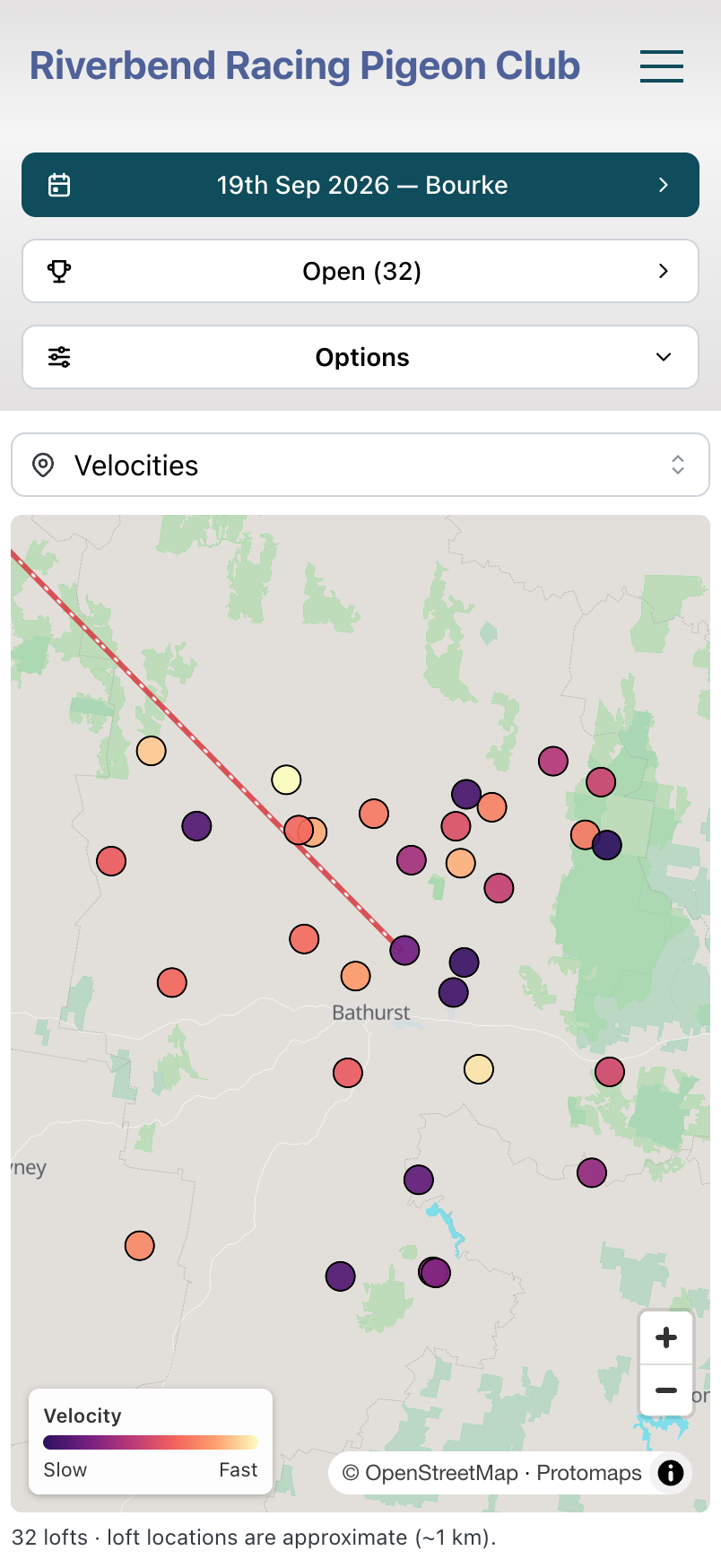 A map of every loft in a race, each one coloured from slow to fast by how quickly its bird came home.