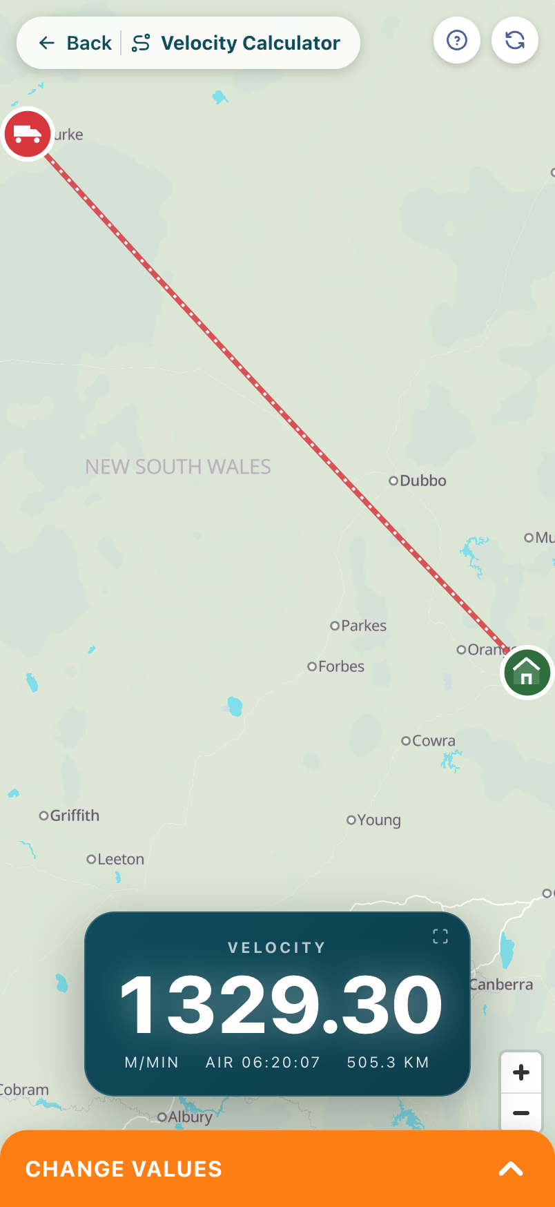 The velocity calculator on a phone: a map of the flight from the liberation point to the loft, and the bird’s velocity in large numbers.